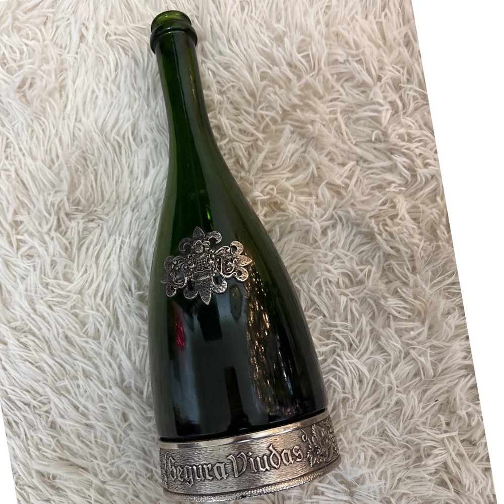 Vintage Segura Viudas Sparkling‎ Wine Bottle Green Glass Embossed Metal Base